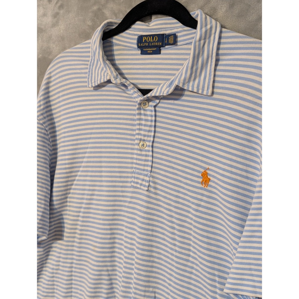 Polo Ralph Lauren Polo Shirt Mens Large Blue White Striped Featherweight Mesh